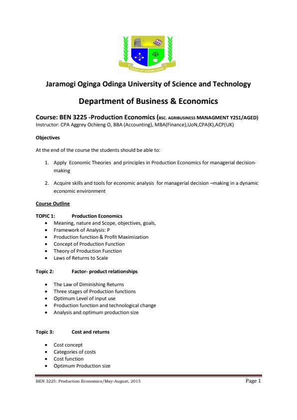 Page 1 – BEN 3225: Production Economics Notes – Kenyaplex