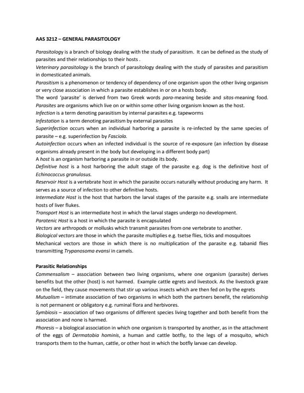 Page 1 – AAS 3212: General Parasitology Notes – Kenyaplex