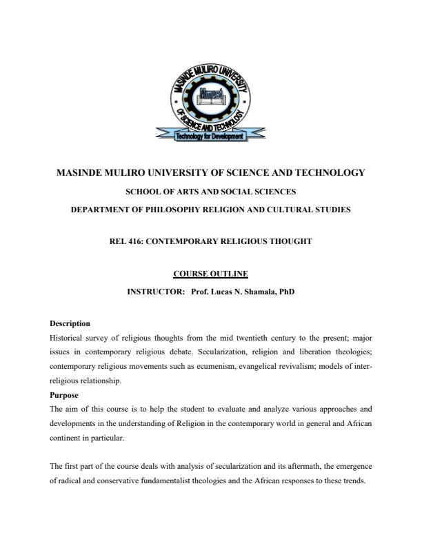 Page 1 – Rel 416: Contemporary Religious Thought Course Outline – Kenyaplex