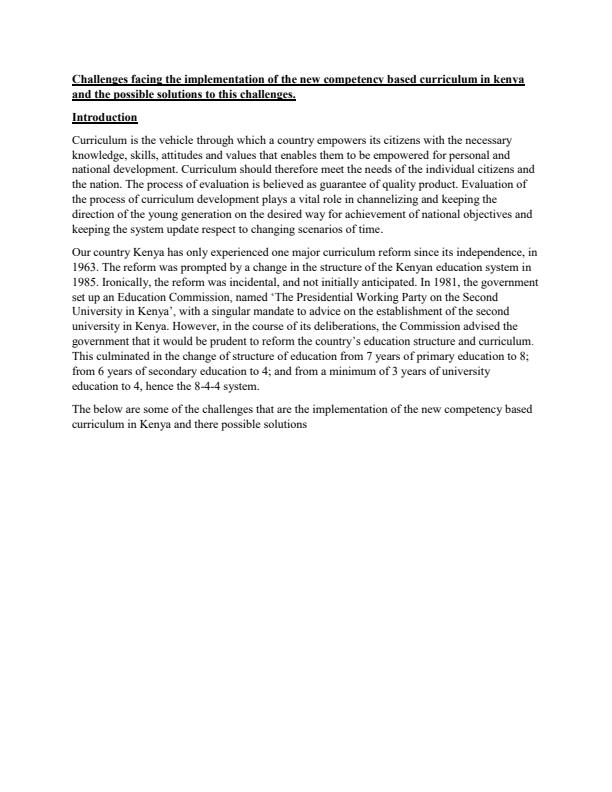 Page 1 – Discuss the Challenges Facing the Implementation of the new competency based Curriculum in Kenya and the possible solutions to these challenges – Kenyaplex