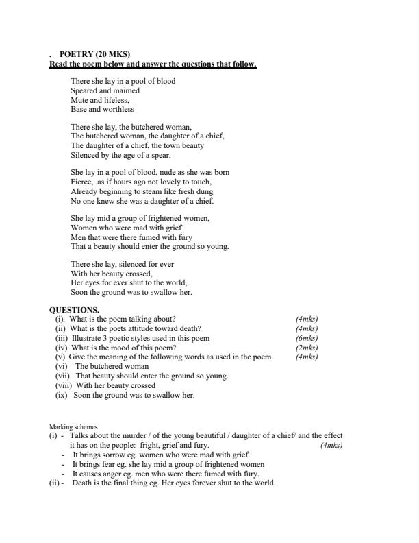 Page 1 – Poetry Revision Sample Questions and Answers – Kenyaplex