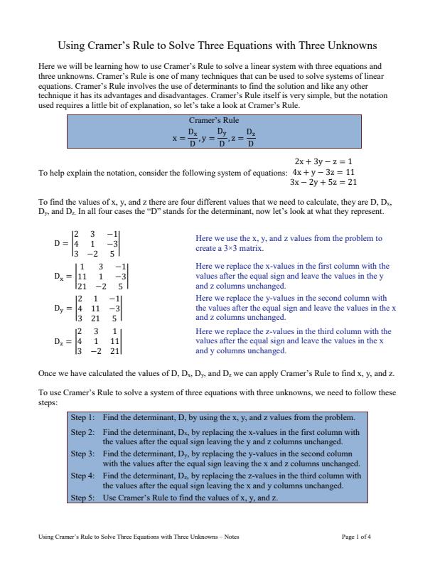 Page 1 – SPH 204: Mathematical Physics - Using Cramer’s Rule to Solve Three Equations with Three Unknowns – Kenyaplex