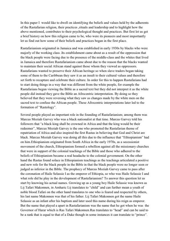 Page 1 – APS 430 Psychology and Spirituality - Rastafarian Religion and Culture – Kenyaplex