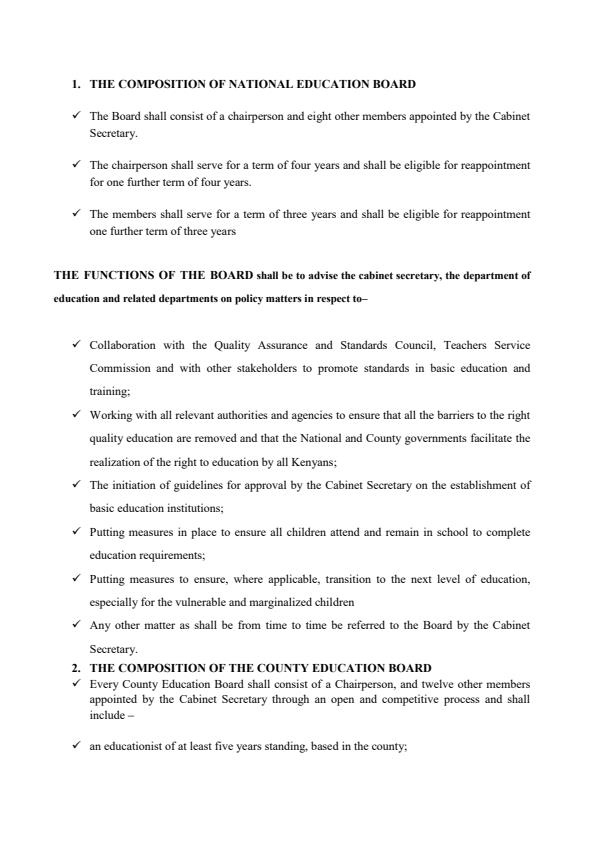Page 1 – Discuss the composition and the functions of- 1. The national educational board  2. The county education board  3 the school board of management – Kenyaplex