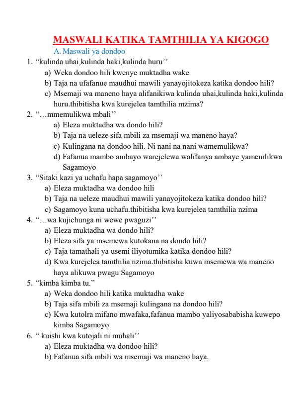 Page 1 – Maswali ya Marudio ya Tamthilia ya Kigogo 2021 – Kenyaplex