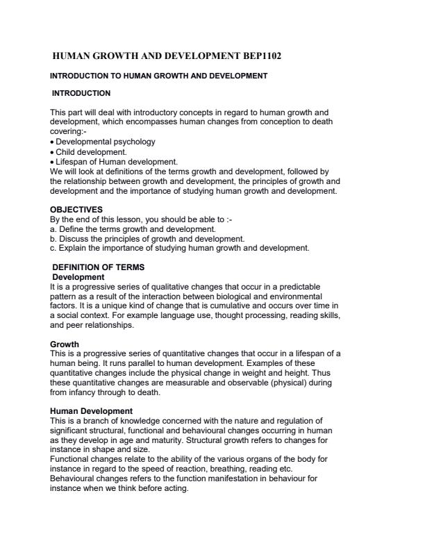 Page 1 – BEP 1102  Human Growth and Development Lecture Notes – Kenyaplex