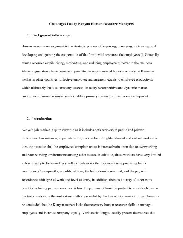 Page 1 – Challenges Facing Kenyan Human Resource Managers - BHU 822: Human Resource Management – Kenyaplex