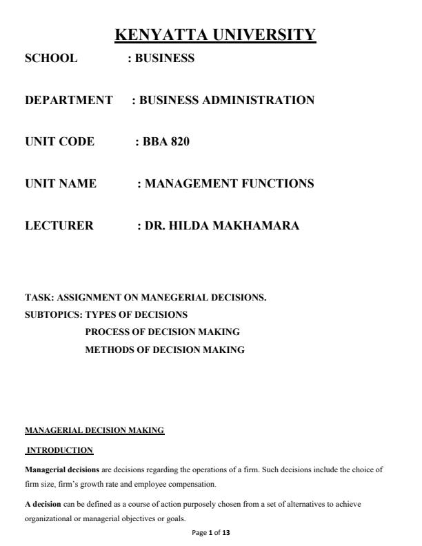Page 1 – BBA 820: Managerial Functions - Types of decisions, Process of decision making, Methods of decision making – Kenyaplex