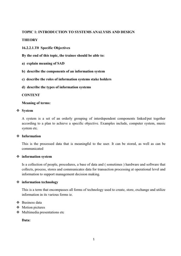 Page 1 – System Analysis and Design Notes For Diploma in ICT Module II – Kenyaplex