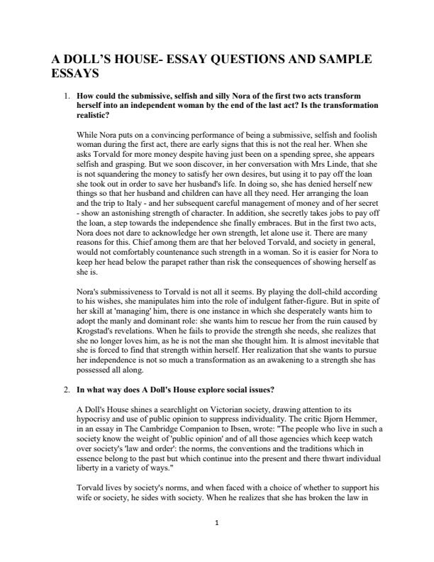 A Doll's House Sample Essay Questions and Answers 3448