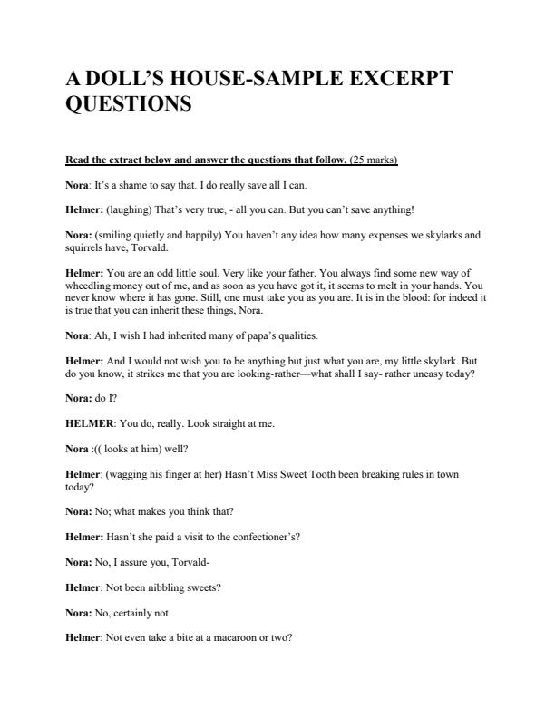 A Doll's House Sample Excerpt Questions 3449