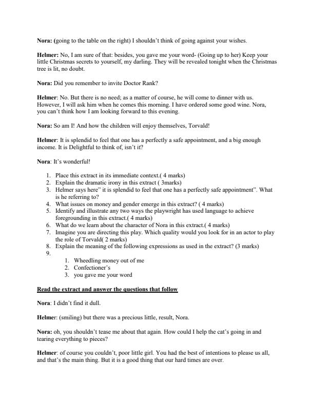 A Doll's House Sample Excerpt Questions 3449