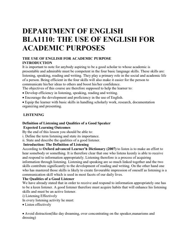 Page 1 – The Use of English For Academic Purposes BLA 1110 – Kenyaplex