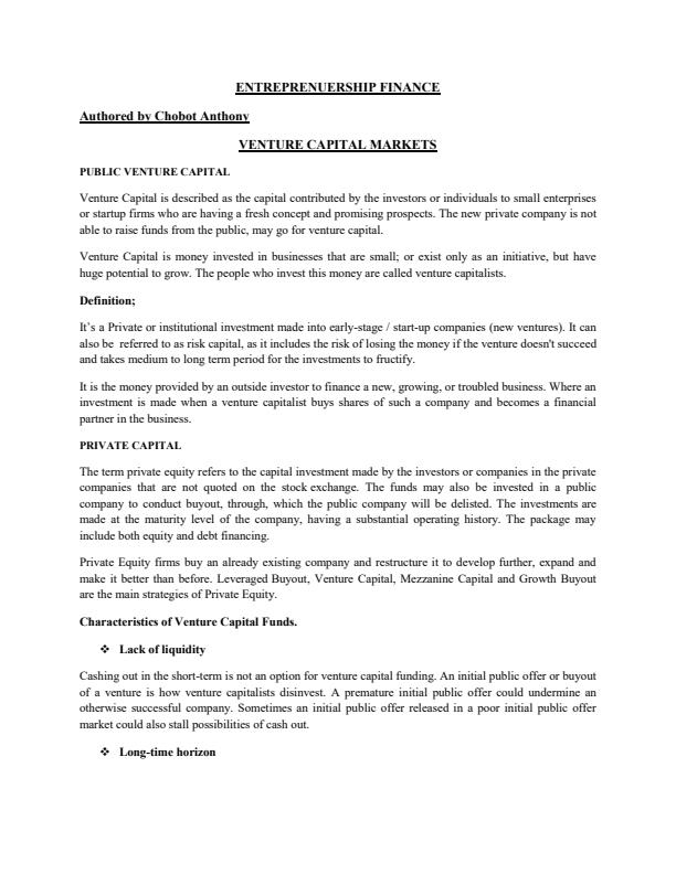 Page 1 – BAC 412: Entrepreneurship Finance Notes on Venture Capital Markets – Kenyaplex