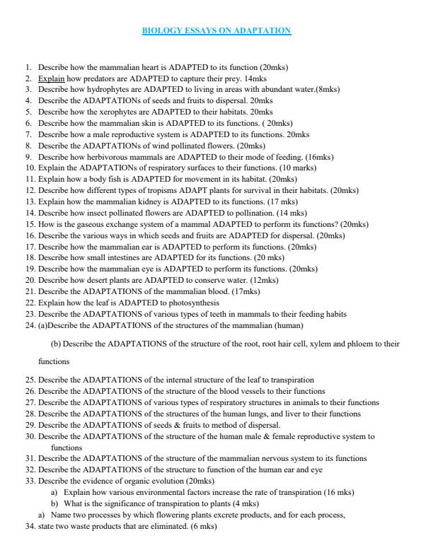 Page 1 – Biology Essay Questions on Adaptation and Evolution – Kenyaplex