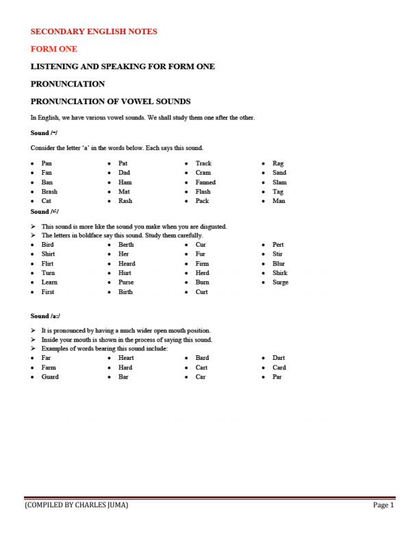 Page 1 –  New Form 1 English Complete Notes – Kenyaplex
