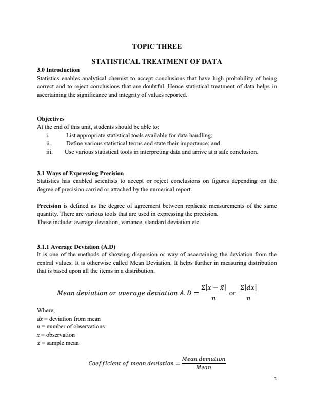 Page 1 – CHE 210: Statistical Treatment of Data Notes – Kenyaplex