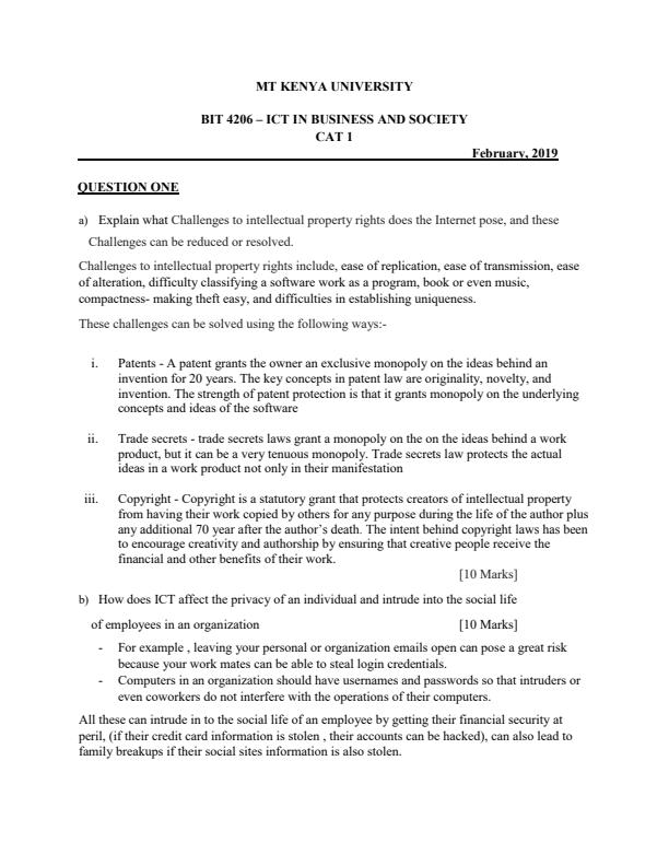 Page 1 – ICT in Business and Society CAT 1 With Answers – Kenyaplex