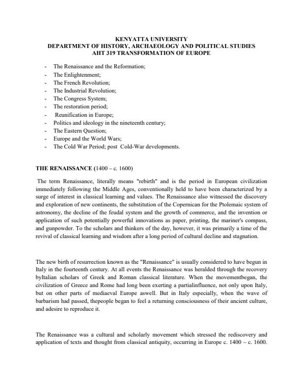 Page 1 – AHT 319: Transformation of Europe Notes – Kenyaplex