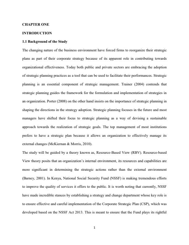 Page 1 – Influence of strategic planning practices on organizational performance, a case study of the national social security fund (NSSF) – Kenyaplex