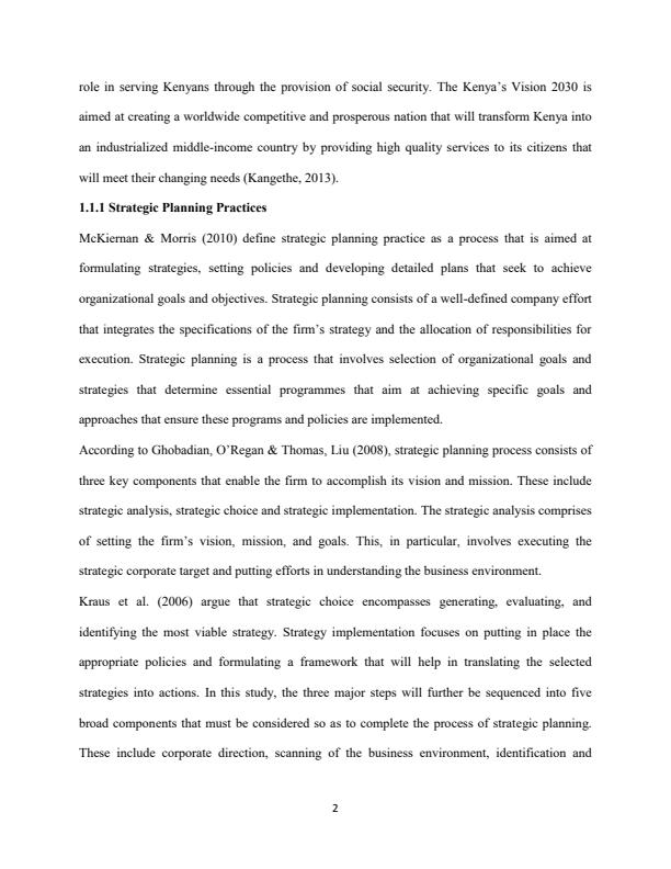 Page 2 – Influence of strategic planning practices on organizational performance, a case study of the national social security fund (NSSF) – Kenyaplex