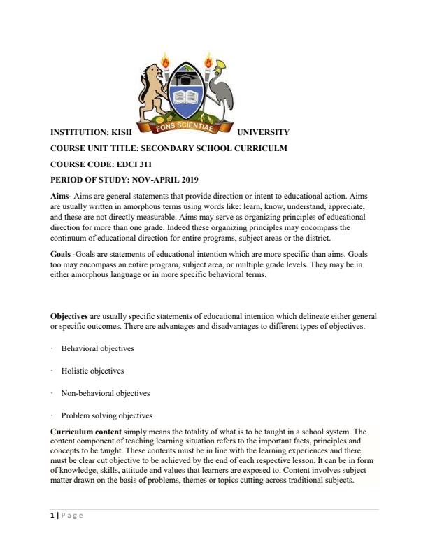 Page 1 – EDCI 311: Secondary School Curriculum Notes – Kenyaplex