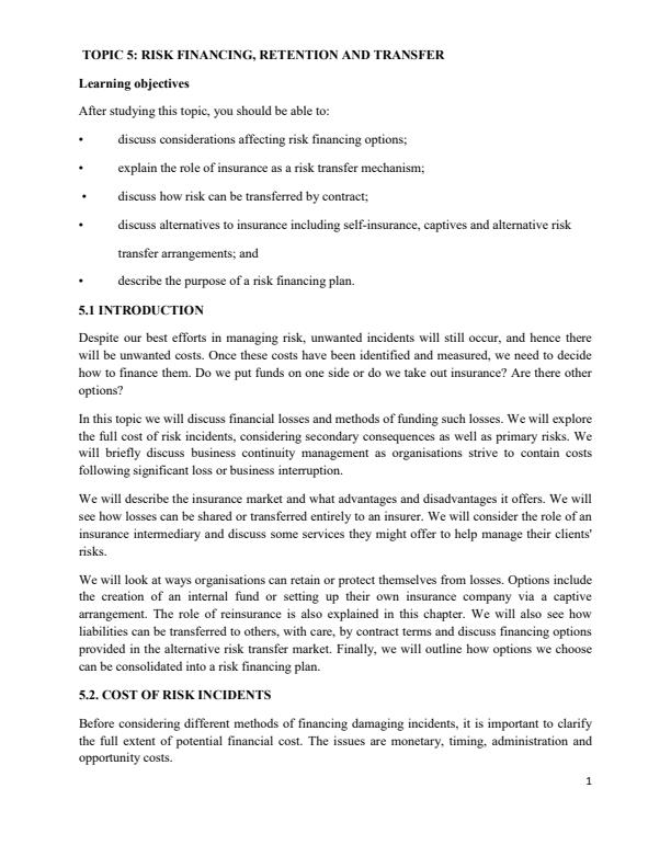 Page 1 – Risk Finance, Retention and Transfer Notes – Kenyaplex