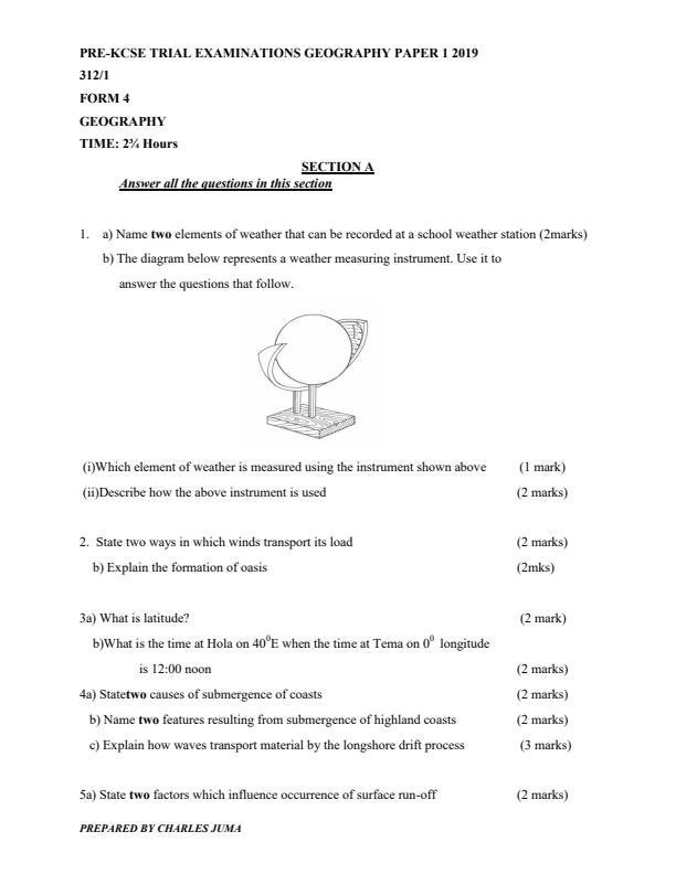 Page 1 – Pre-KCSE Trial Examination Geography Paper 1 2019 (With Answers) – Kenyaplex