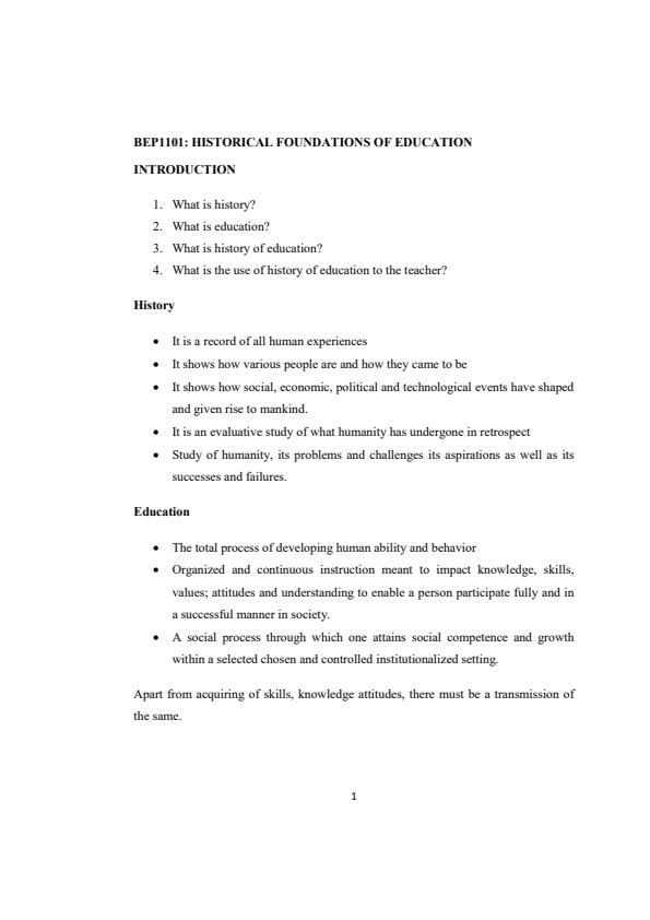 BEP 1101 History of Education Notes 1st year 3947