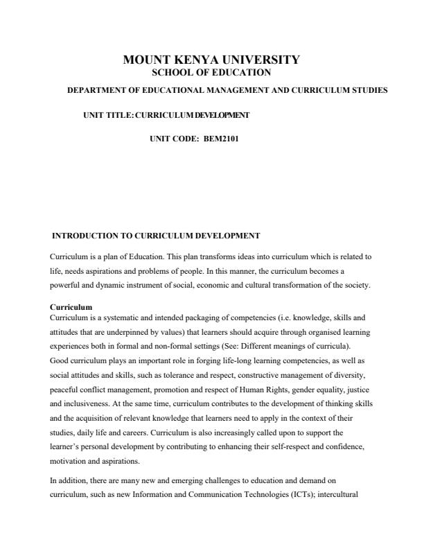 Page 1 – BEM 2101: Curriculum Development Notes – Kenyaplex