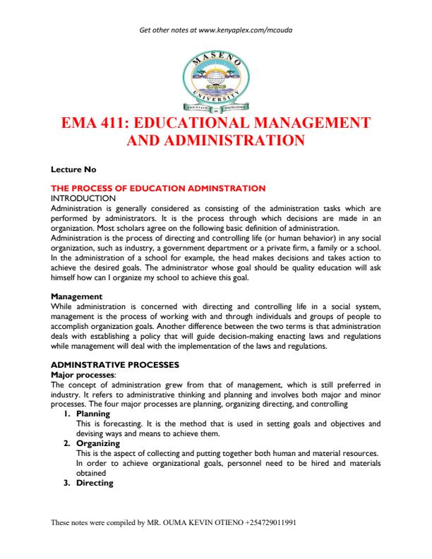 Page 1 – EMA 411: Educational Administration and Management Notes – Kenyaplex
