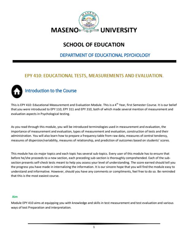 Page 1 – EPY 410: Educational Measurement and Evaluation Notes – Kenyaplex