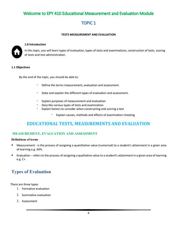 Page 4 – EPY 410: Educational Measurement and Evaluation Notes – Kenyaplex