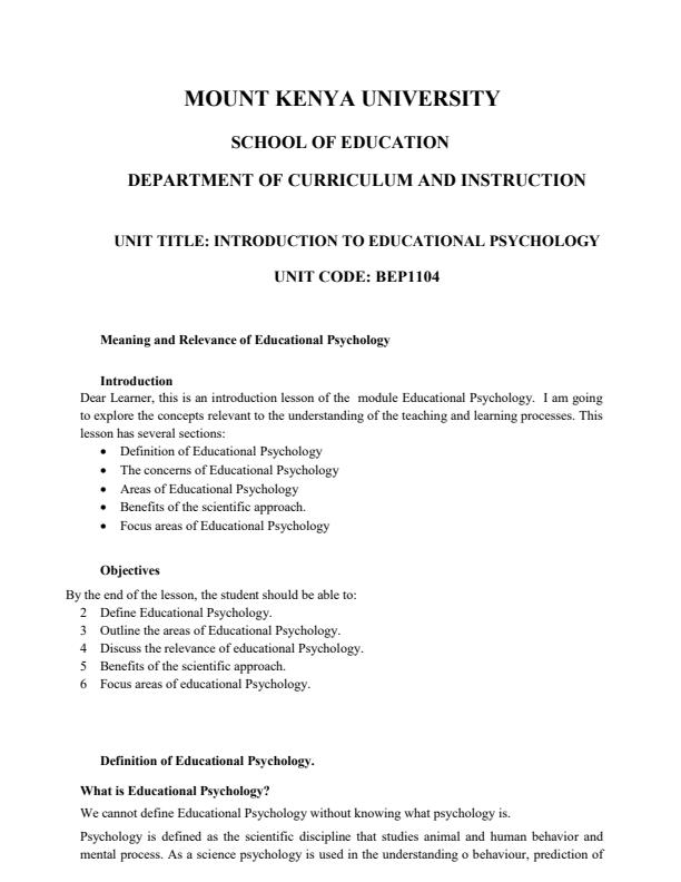 Page 1 – BEP 1104: Introduction to Educational Psychology Notes MKU – Kenyaplex