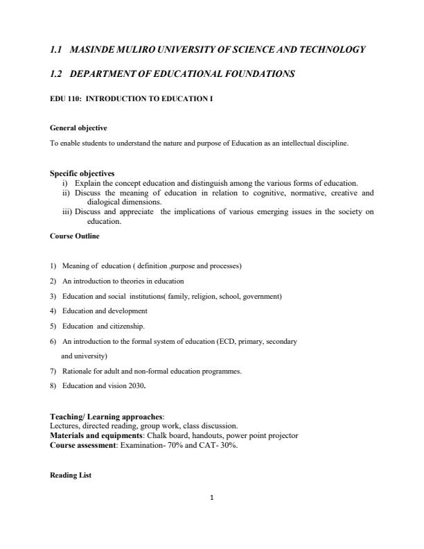 Page 1 – EDU 110: Introduction to Education I Notes – Kenyaplex