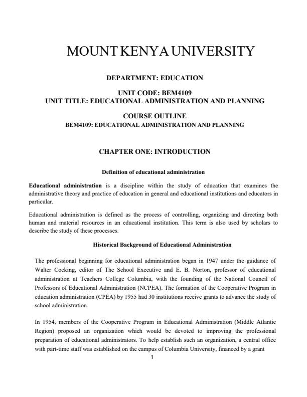 Page 1 – BEM 4109: Educational Administration and Planning Notes – Kenyaplex