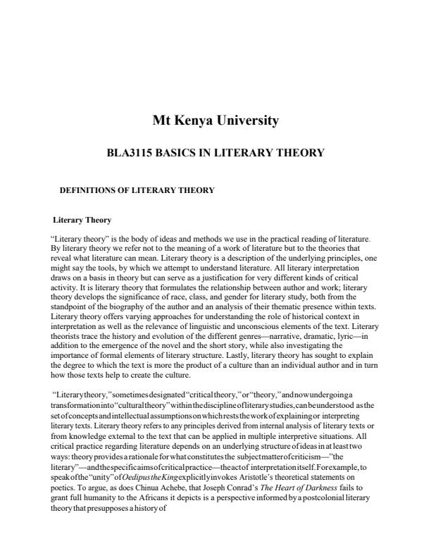 Page 1 – BLA3115: Basics in Literary Theory Notes – Kenyaplex