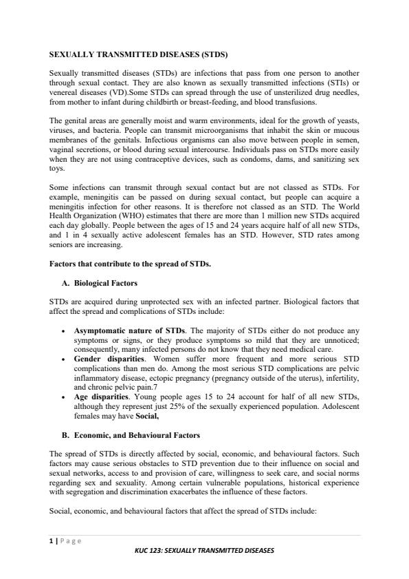 Page 1 – KUC 123: HIV/AIDS and Other Emerging Health Issues Notes on Sexually Transmitted Diseases – Kenyaplex