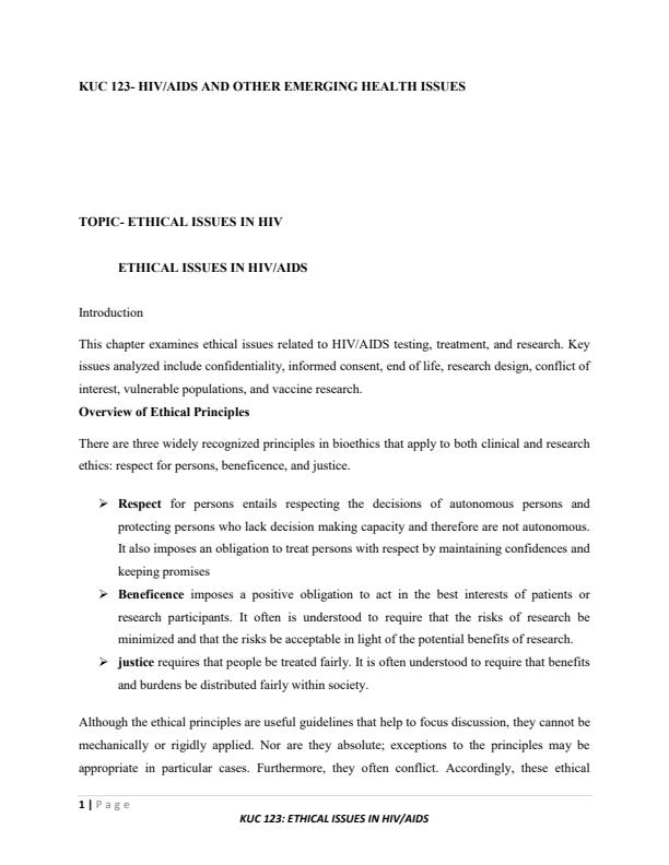 Page 1 – KUC 123: HIV/AIDS and Other Emerging Health Issues Notes on Ethical Issues in HIV – Kenyaplex