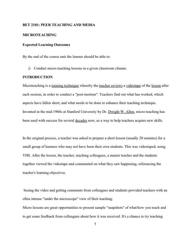 Page 1 – BET 2101: Peer Teaching and Media Notes – Kenyaplex