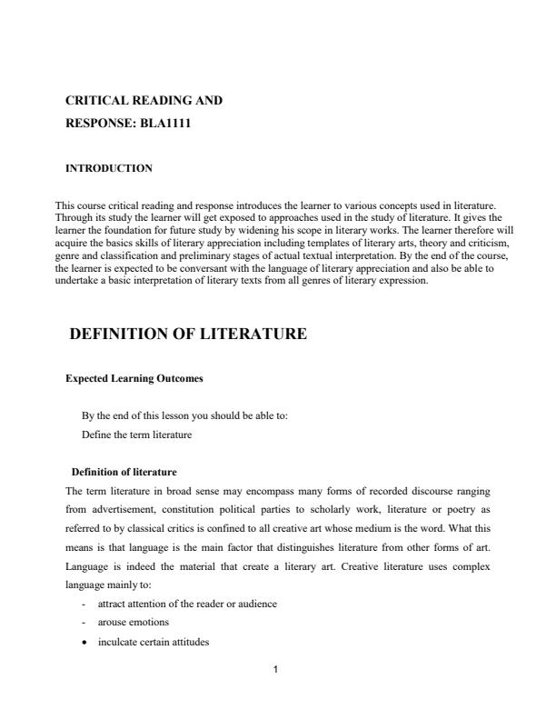 Page 1 – BLA 1111: Critical Reading and Response Notes – Kenyaplex