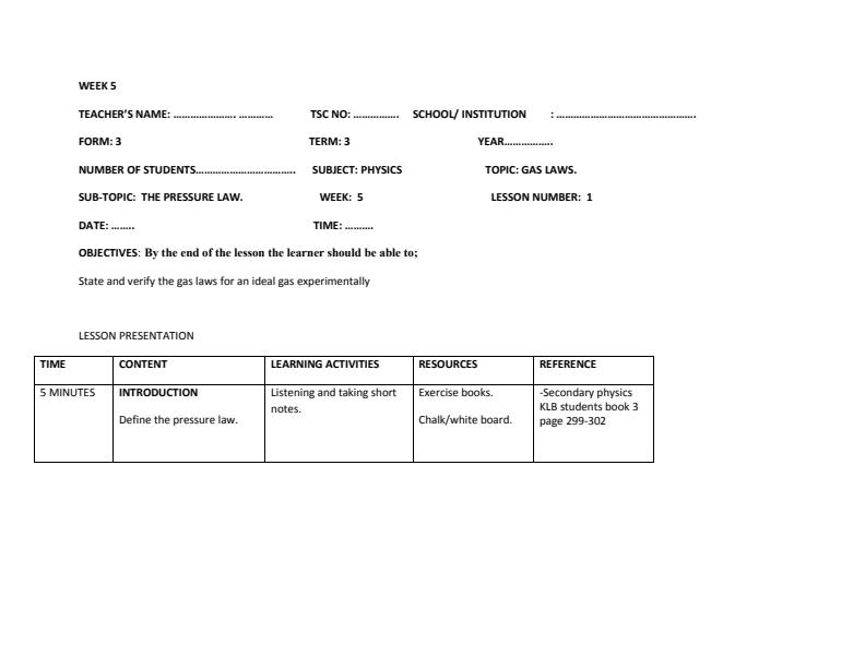 Page 1 – Form 3 Physics Lesson Plan Term 3 Week 5 to Week 10 – Kenyaplex