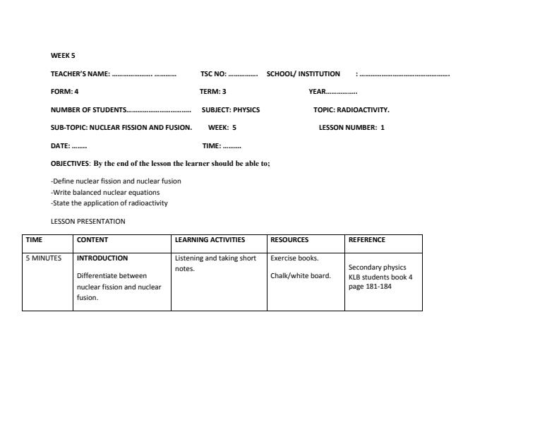 Page 1 – Form 4 Physics Lesson Plans Term 3 Week 5, 6, 7, 8, 9 and 10 – Kenyaplex