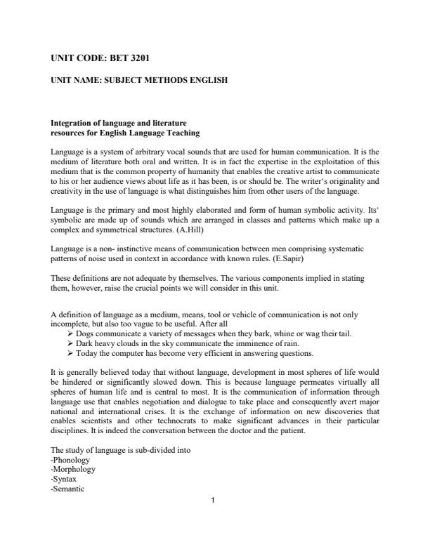 Page 1 – BET 3201: Subject Methods in English Notes – Kenyaplex
