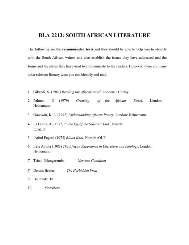 Page 1 – BLA 2213: South African Literature Notes – Kenyaplex