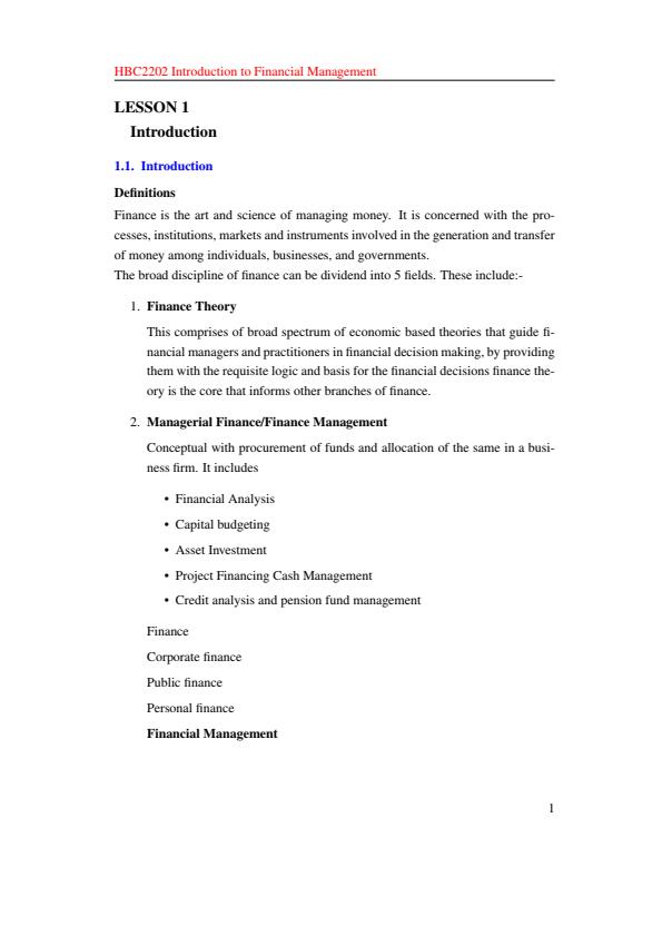 Page 1 – HBC 2202: Introduction to Financial Management Notes – Kenyaplex