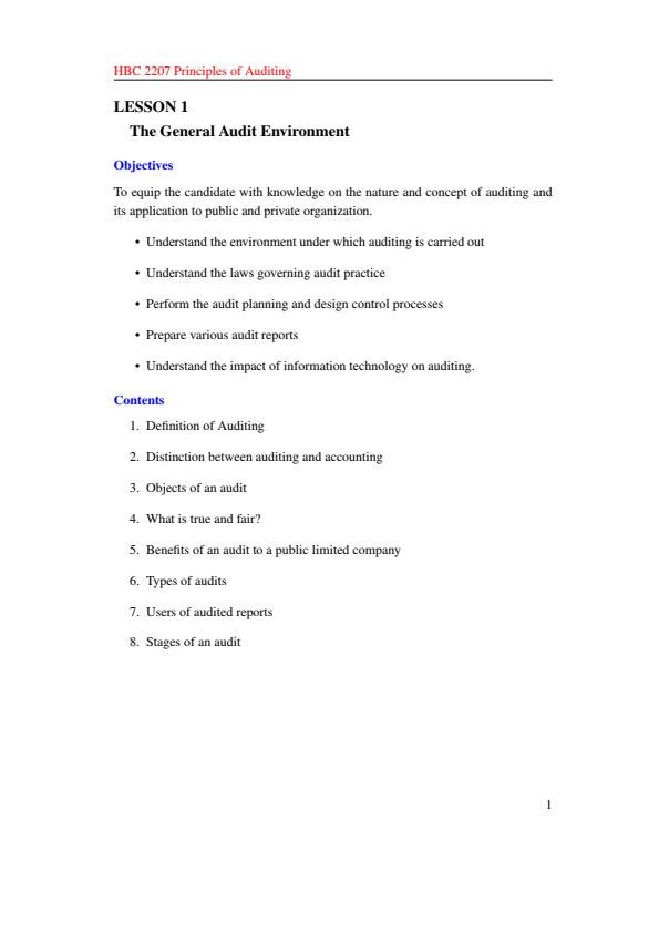 Page 1 – HBC 2207: Principles of Auditing Notes – Kenyaplex