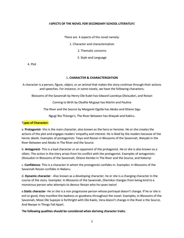 Page 1 – Form 3 and 4 English Literature Notes – Kenyaplex