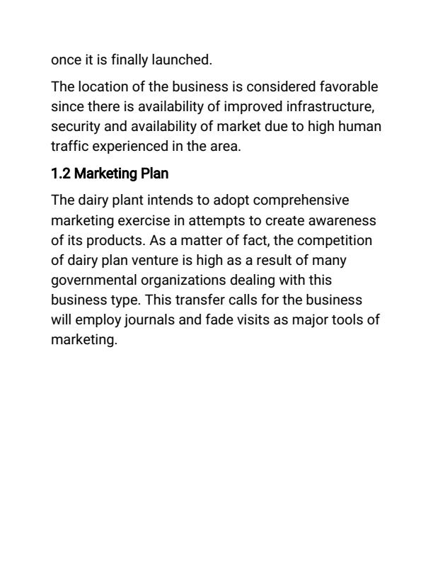 Page 2 – Sample Dairy Plant Business Plan – Kenyaplex