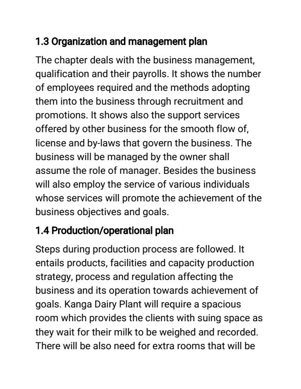 Page 3 – Sample Dairy Plant Business Plan – Kenyaplex